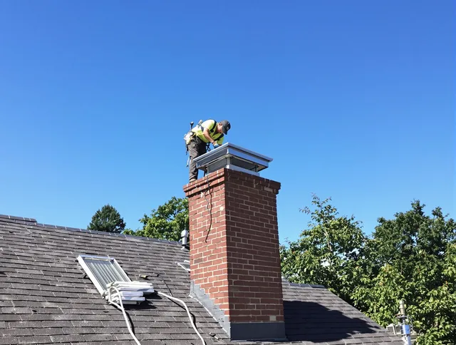 Wolcott Chimney Sweep technician measuring a chimney cap in Wolcott, CT